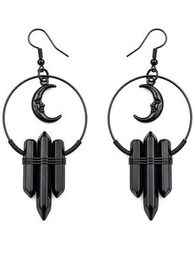 Black Crystal Moon Crescent Tri Tourmaline Point Tower Wand Eclipse Witch Dangle